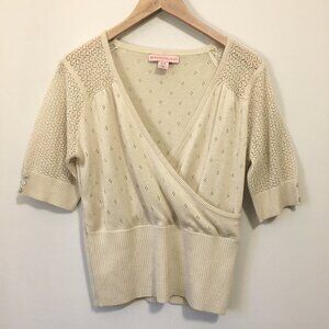 Soft Cream Pointelle Knit Half-Sleeve Wrap Top